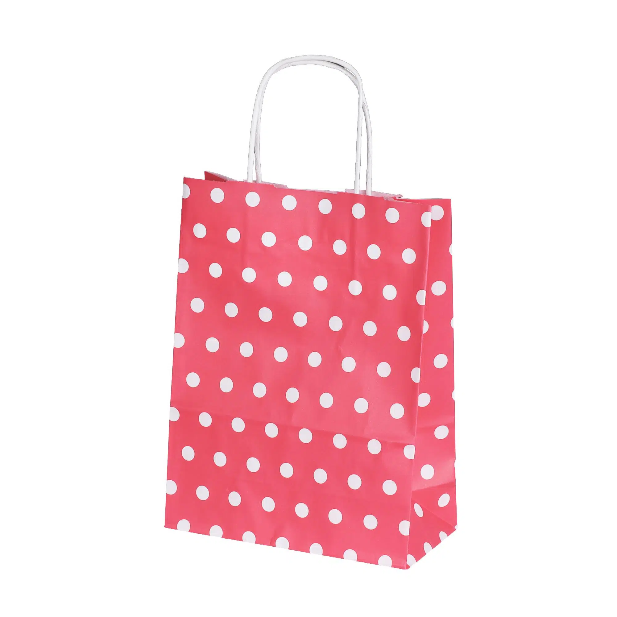 Burgu Saplı Puantiye Pembe Kağıt Çanta 18x8x24 cm - 25 Adet