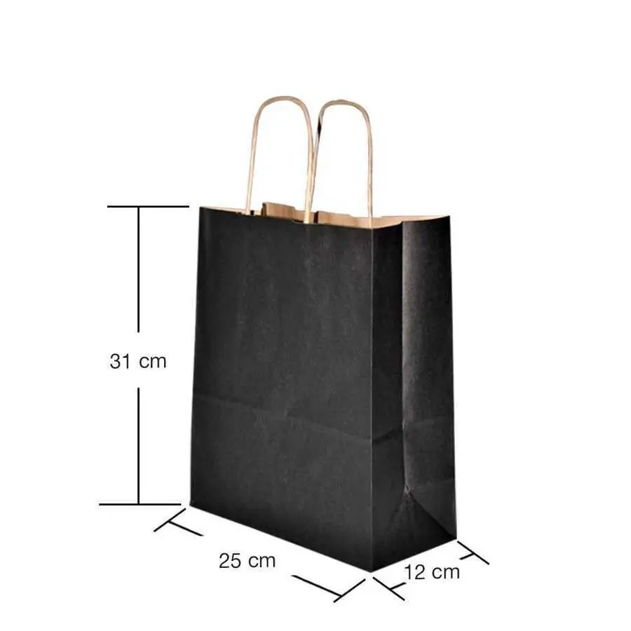Burgu Saplı Siyah Kağıt Çanta 25x12x31 cm - 25 Adet