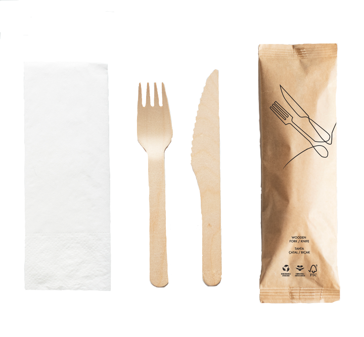 Kraft Kağıt Ambalajlı Ekolojik Tahta Çatal Bıçak Peçete Seti - 50 Adet