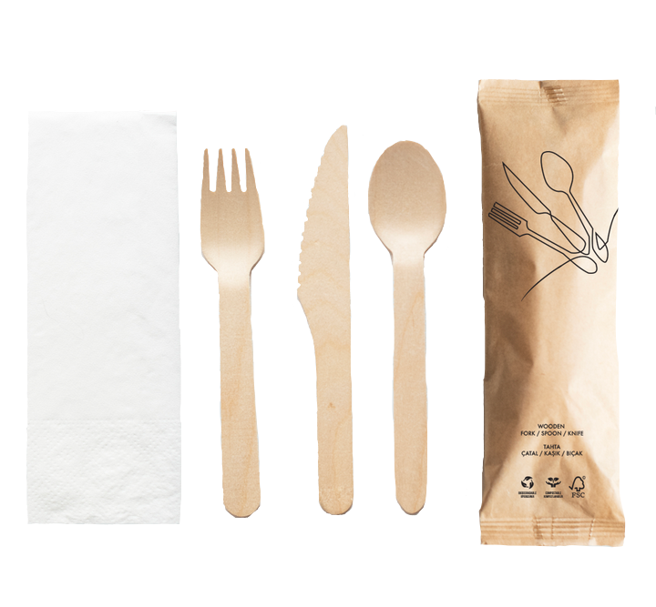 Kraft Kağıt Ambalajlı Ekolojik Tahta Çatal Bıçak Kaşık Peçete Seti - 50 Adet