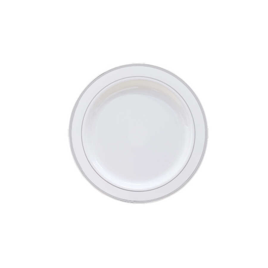 Plastik Gümüş Renk İşlemeli Beyaz Tabak 19 cm - 6 Adet