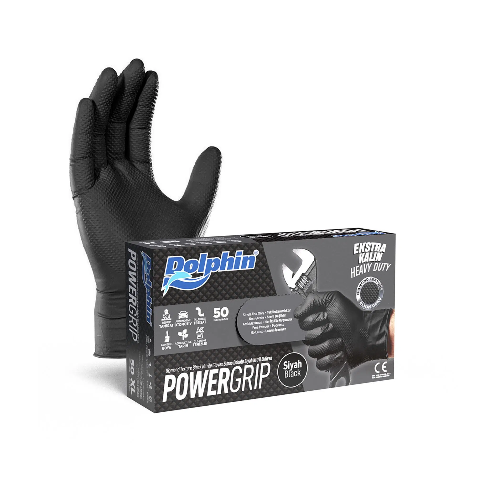 PowerGrıp Pudrasız Siyah Nitril Eldiven (L) Ekstra Kalın - 50 Adet PowerGrıp Pudrasız Siyah Nitril Eldiven (L) Ekstra Kalın - 50 Adet