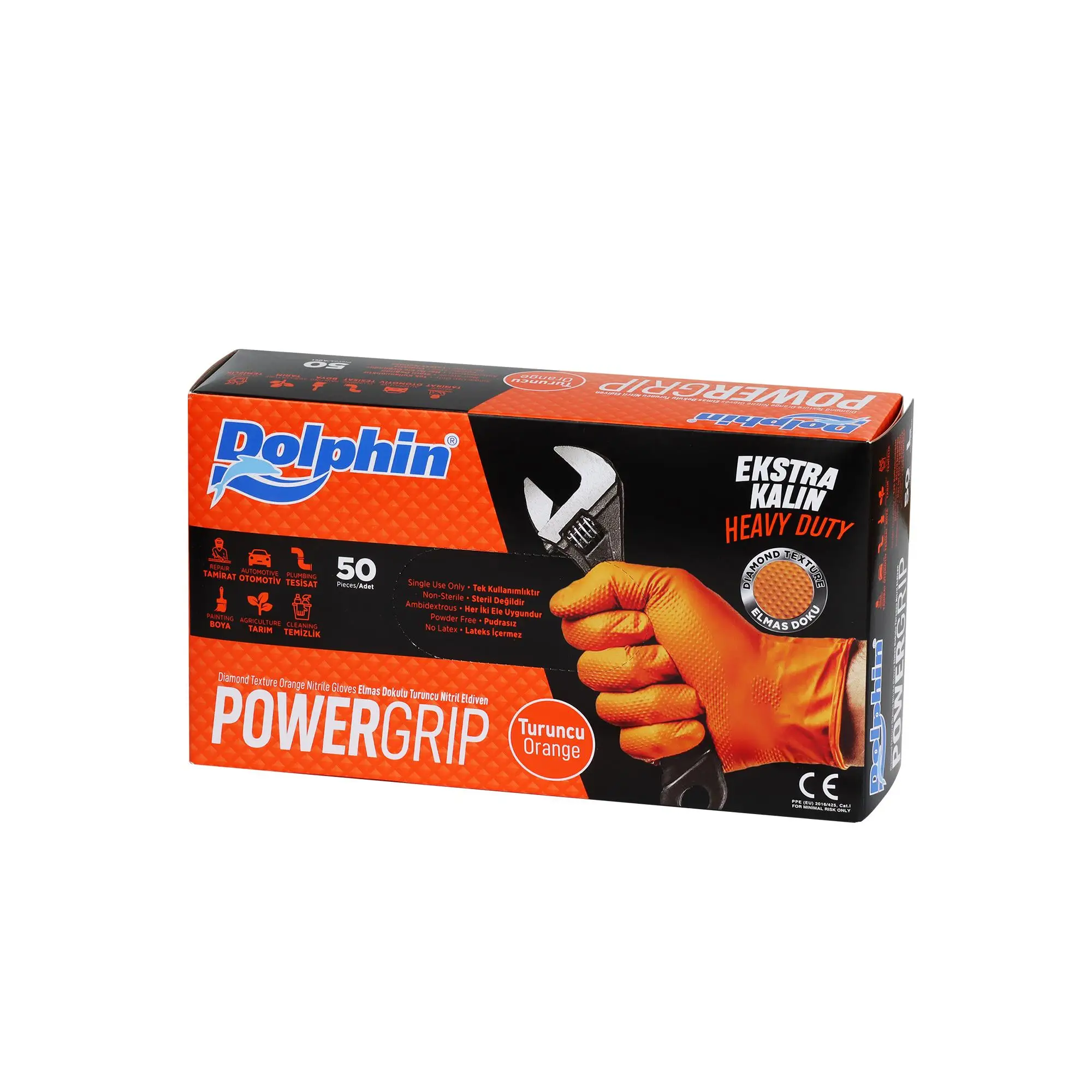 PowerGrıp Pudrasız Turuncu Nitril Eldiven (XL) Ekstra Kalın - 50 Adet